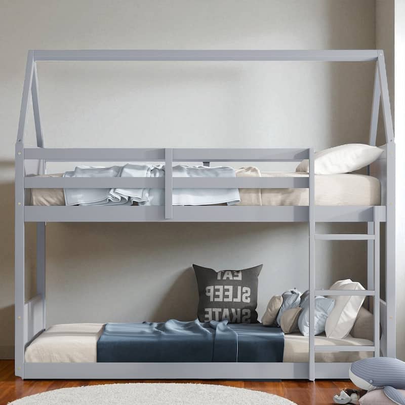 Twin Over Twin House Bunk Bed with Roof Frame, Guardrails, Ladder and Fluted Headboards, Solid Rubber Wood