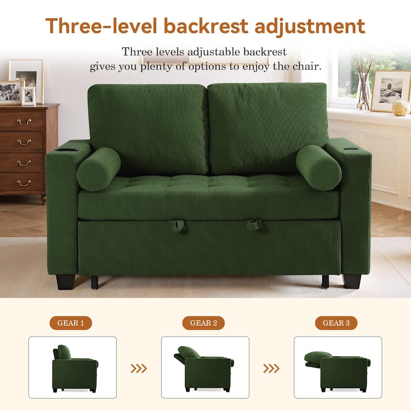 2 Set Corduroy Convertible Sleeper Sofa Bed Loveseats with Cup Holder, USB Ports & Storage