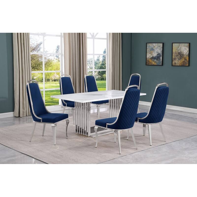 Best Quality Furniture D310/1-SC310-7 Dining Set with 68" White Marble Top - 7-Piece - Navy Blue / Silver