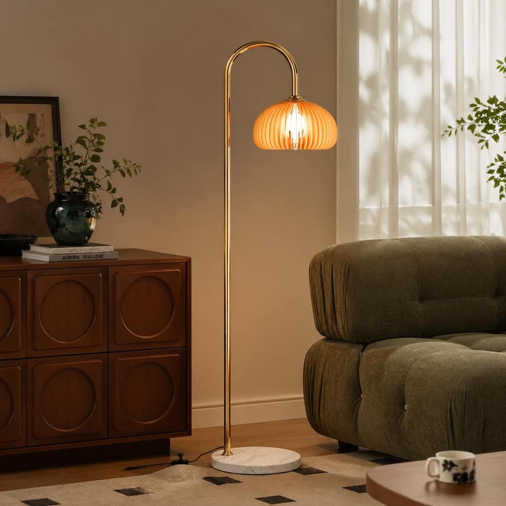Mid-Century Wooden Pumpkin Arc Floor Lamp with Marble Base