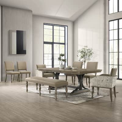 Roundhill Furniture Birmingham Nailhead 8-Piece Table with Nail Head Bench and Arm Chair Dining Set, Driftwood