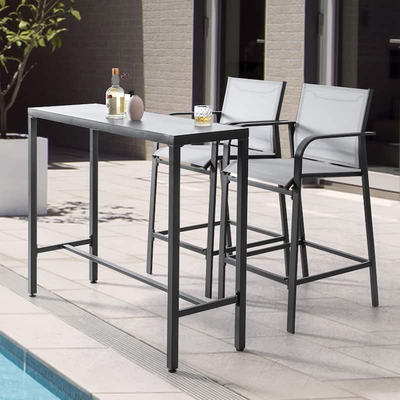 Outdoor Iron Bar Table with 3D-Print Tempered Glass Tabletop, Gray