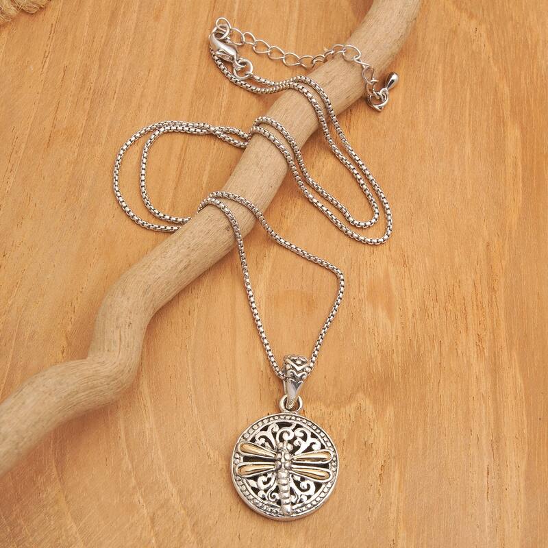 Novica Handmade Dragonfly Eden Gold-Accented Sterling Silver Pendant Necklace
