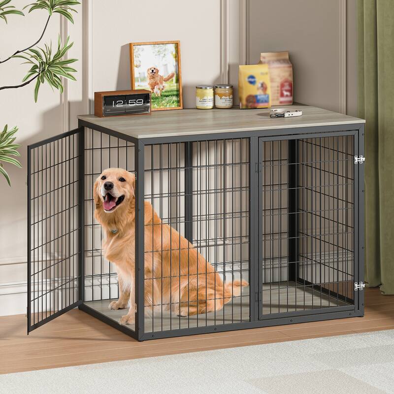 47'' Dog Crate Dog Cage Furniture with 3 Doors for Large and Medium Dogs - Grey