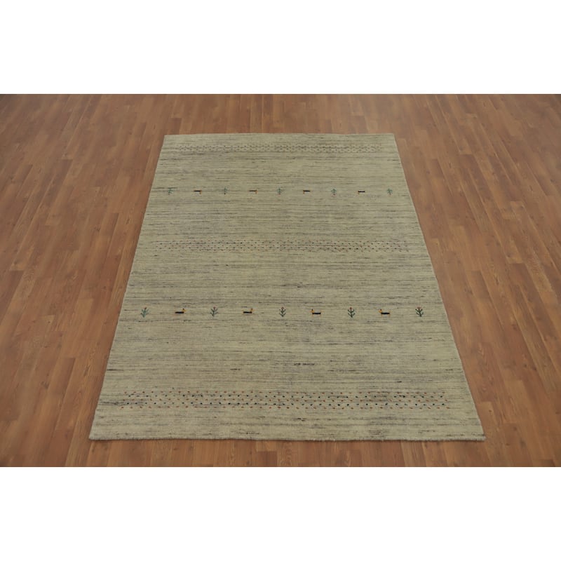 Hand Knotted Oriental 100% Wool Carpet Tribal Animal Pictorial Beige & Ivories Gabbeh Area Rug - 7' 3'' X 5' 3''