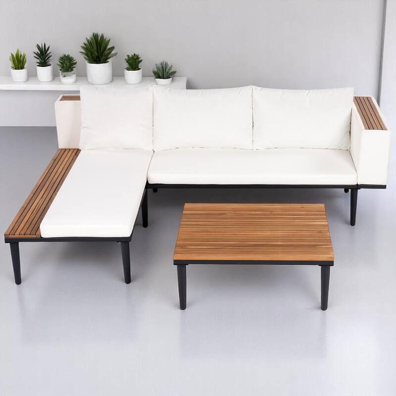 3-Piece Outdoor Sofa Set with Acacia Wood Frame, Side Table & Coffee Table, Weather-Resistant Cushions, Patio Conversation Set