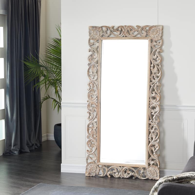 Light Brown Mango Wood Intricately Carved Floral Room Wall Mirror - Light Brown