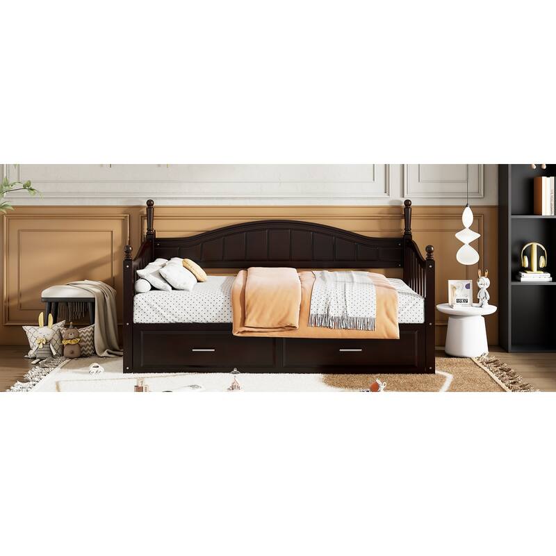 Wooden Twin Size Daybed with Twin Size Trundle, Extendable Daybed with Two Storage Drawers