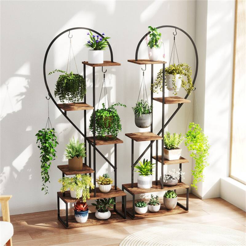 2 Pieces 6-Tier Flower Display Stand with Hooks and Heart-Shaped Plant Shelves for Home Decor - 22" x 11" x 66"