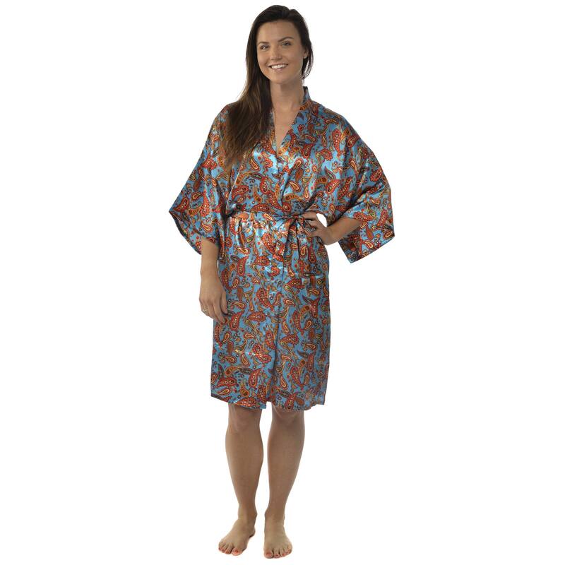 Leisureland Women's Paisley 42-inch Satin Charmeuse Kimono - Aqua
