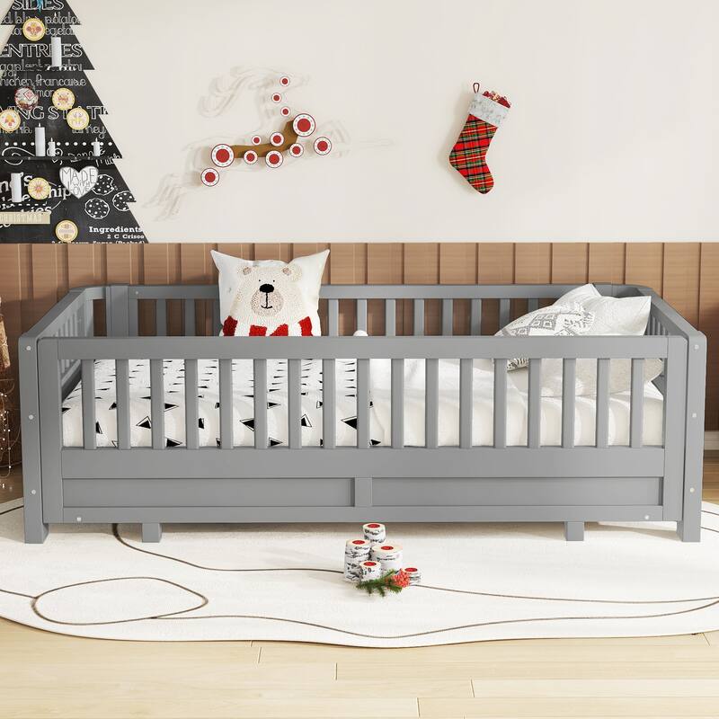 Wooden Platform Sofa Bed Frame with Guardrails, Solid Wood Pull Out Daybed, Can Be Converted into a Double Platform Bed - Gray - Twin