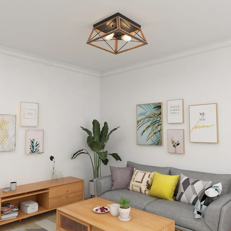 2 Light Caged Square/Rectangle Flush Mount Fixture