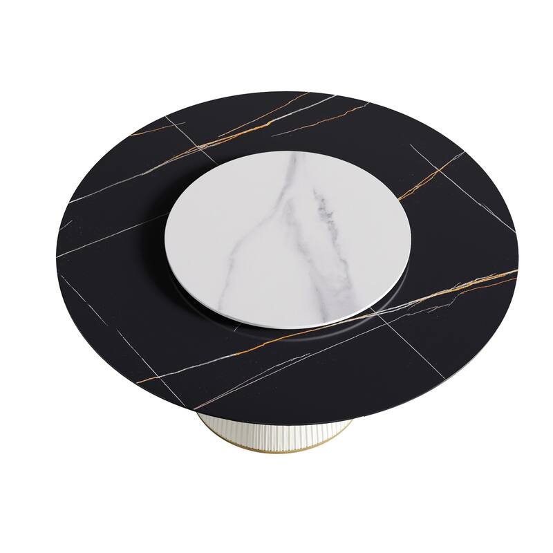 59'' Modern Round Dining Table for 8, Black Sintered Stone Tabletop with Lazy Susan