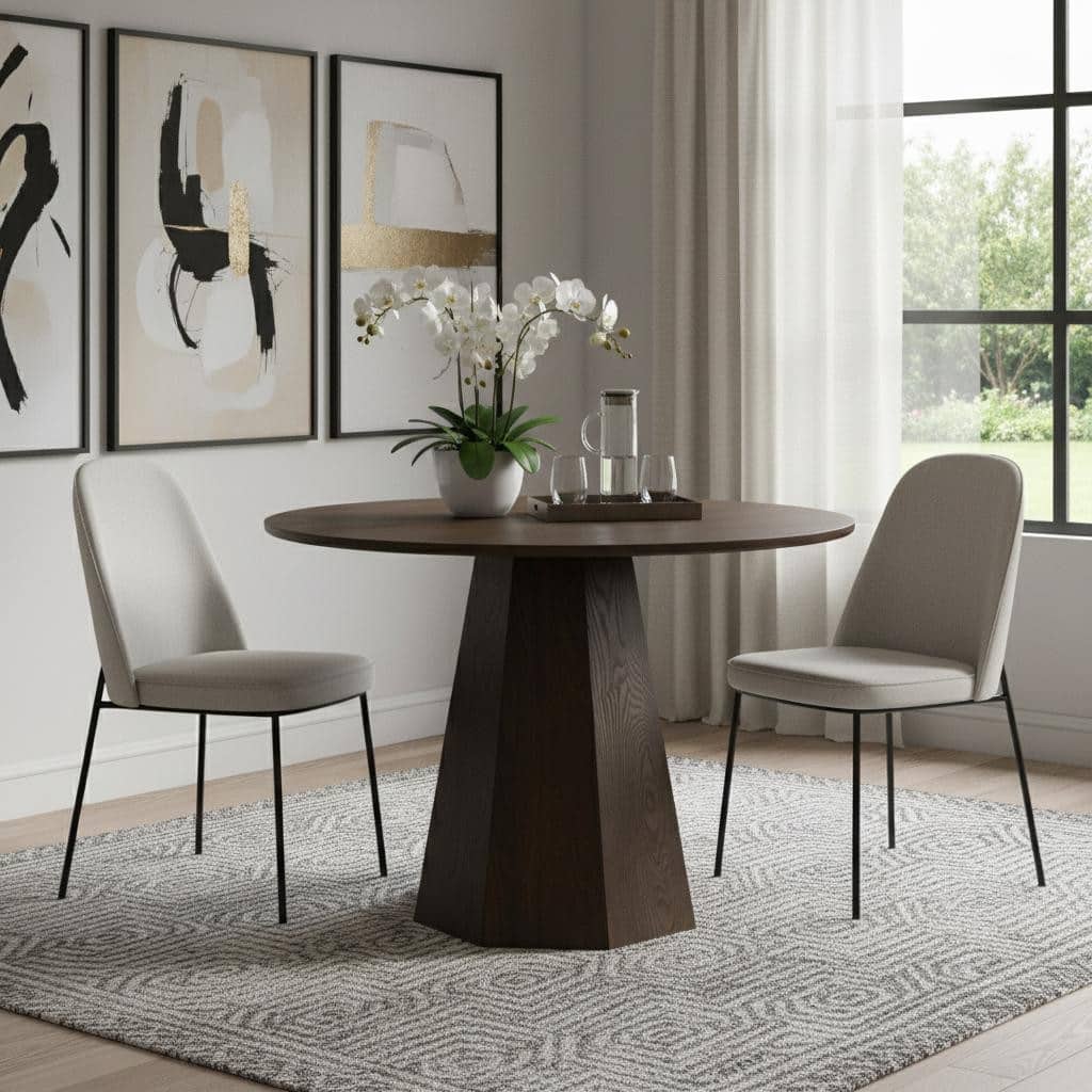 HomeRoots 39" Walnut Brown Wood Faceted Pedestal Round Top Dining Table - 39.40 in. x 29.50 in. x 39.40 in.