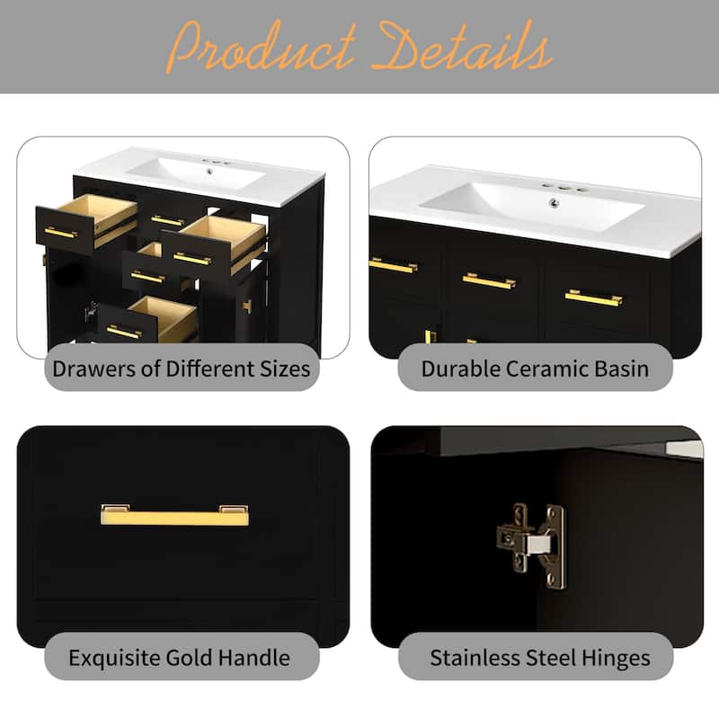 Roomfitters 72" Freestanding Bathroom Vanity with Ceramic Sink, Solid Wood Storage Cabinet with Drawers and Doors