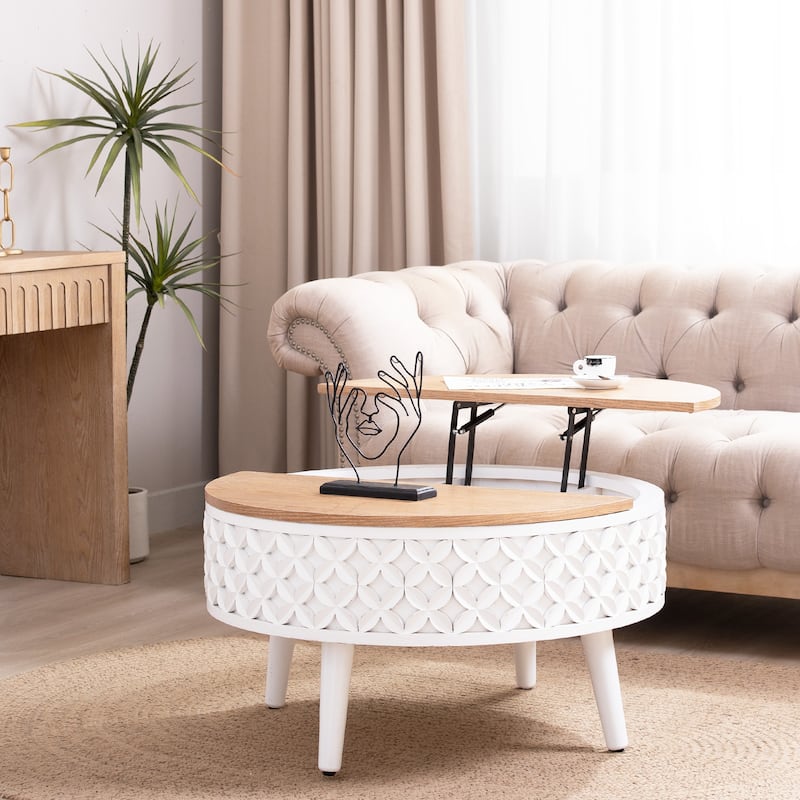 Round Coffee Table with Storage - 31.5" Lift-Top Accent Table, Boho Modern Farmhouse Living Room Furniture