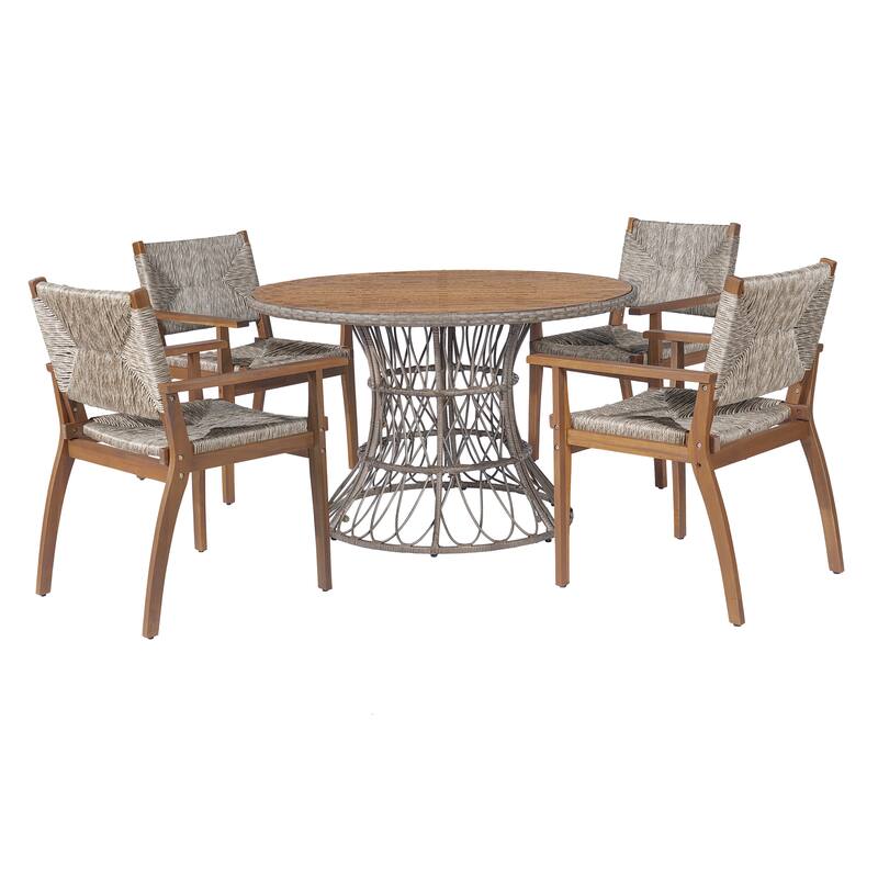 Christopher Knight Home - Estra 5-Piece Outdoor Dining Set with 4 Handwoven Wicker Chairs and Round Acacia Wood Table - Brown
