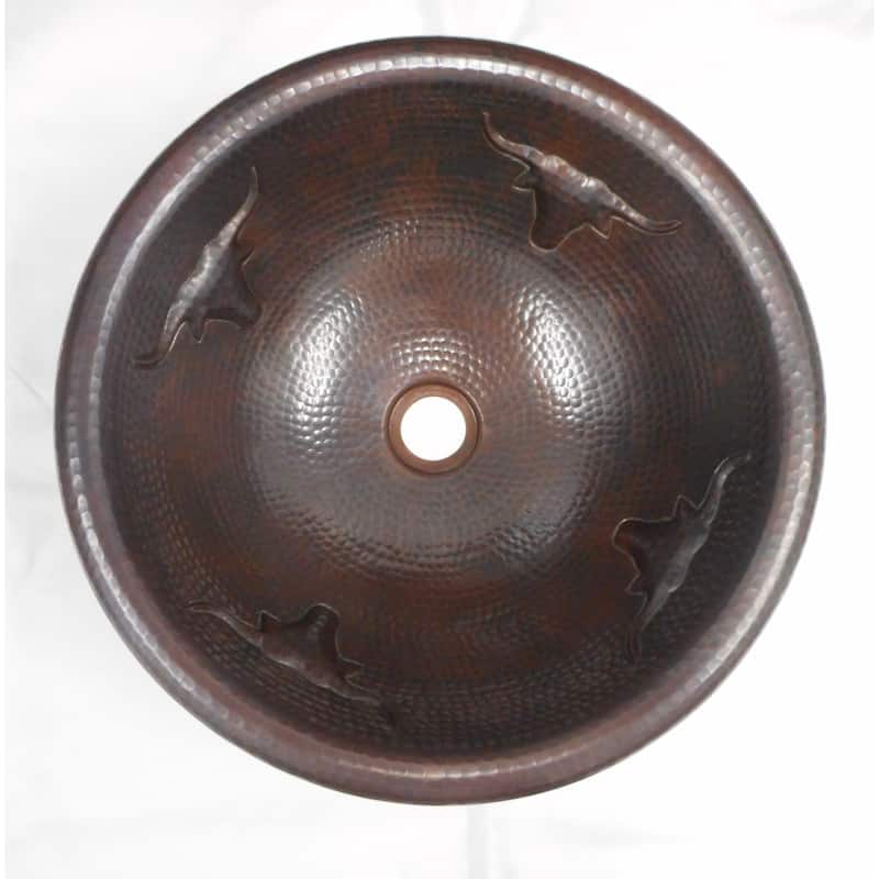 15" Round Copper Bathroom Sink with Texas Longhorn/Steer Design by SimplyCopper - 15" x 15" x 5.5"