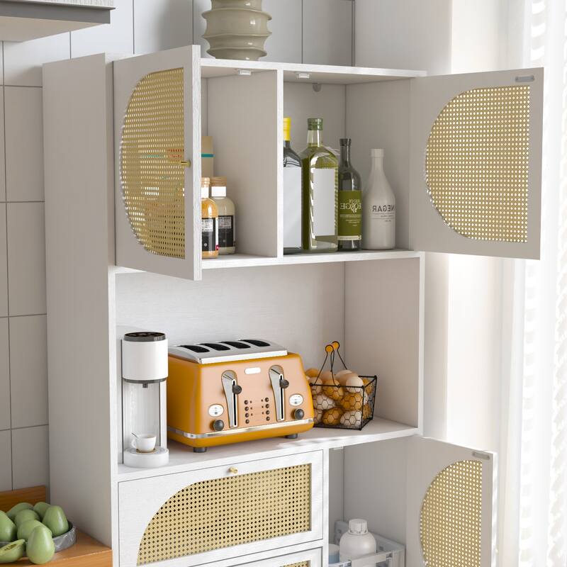 Modern Rattan Door Hutch Cabinet with Power Outlet, Tall Freestanding Pantry with Drawers and Shelves, Buffet Sideboard