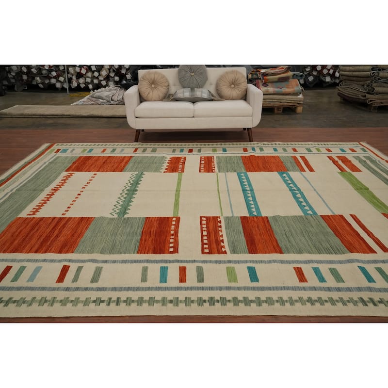 Hand Woven Oriental 100% Wool Carpet Southwestern Tribal Beige & Ivories Kilim Area Rug - 12' 10'' X 9' 10''