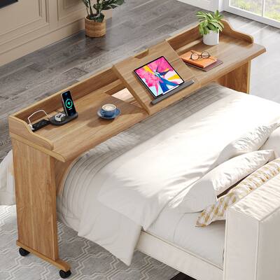 70.8" Over Bed Table with Adjustable Drafting Table, Mobile Overbed Computer Desk with Outlet and USB for Home