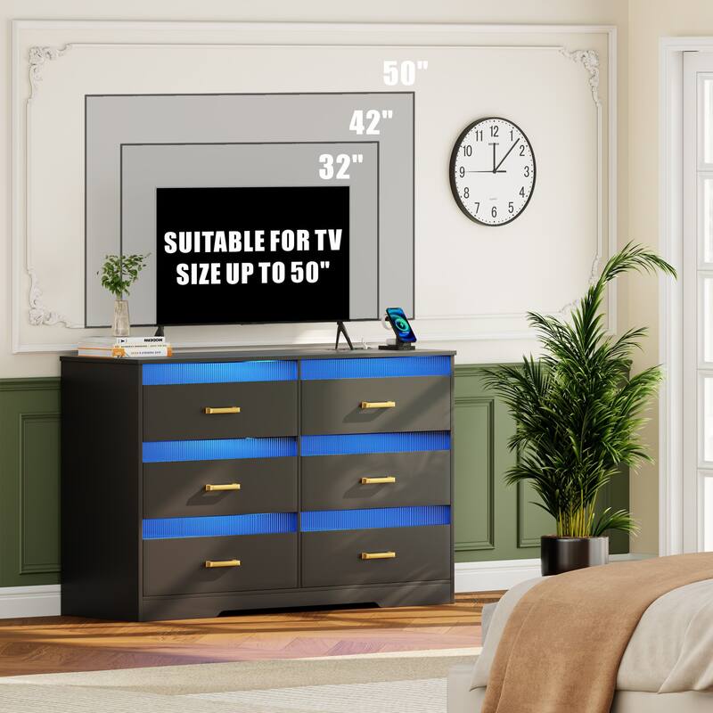 6 Drawers Dresser With LED Light and USB Port