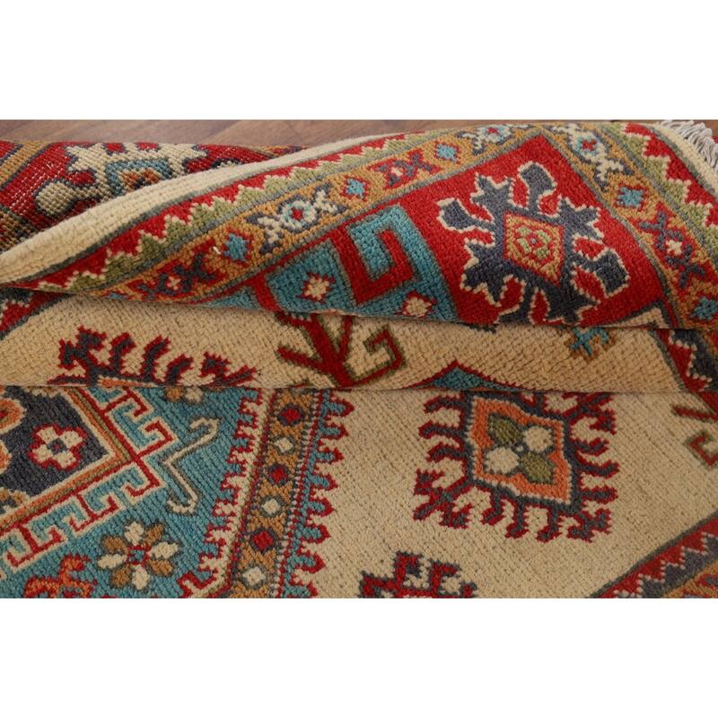 Geometric Kazak Oriental Rug Dining Room Hand-Knotted Wool Carpet - 4'1" x 6'0"