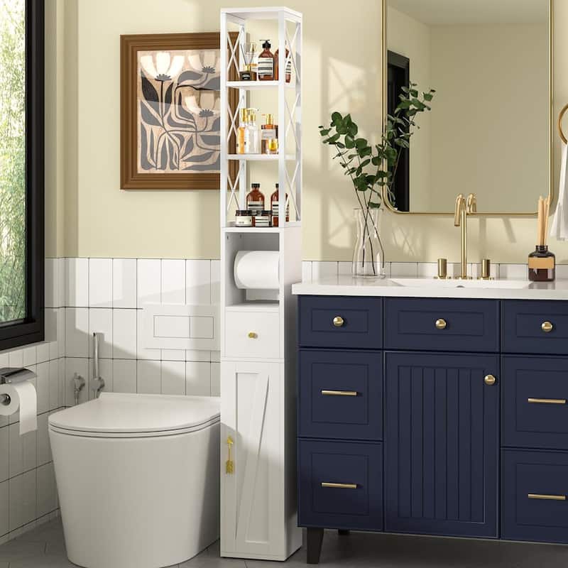 Javlergo Tall Bathroom Cabinet, Narrow Slim Storage Cabinet with Toilet Paper Holder and Drawer For Small Spaces