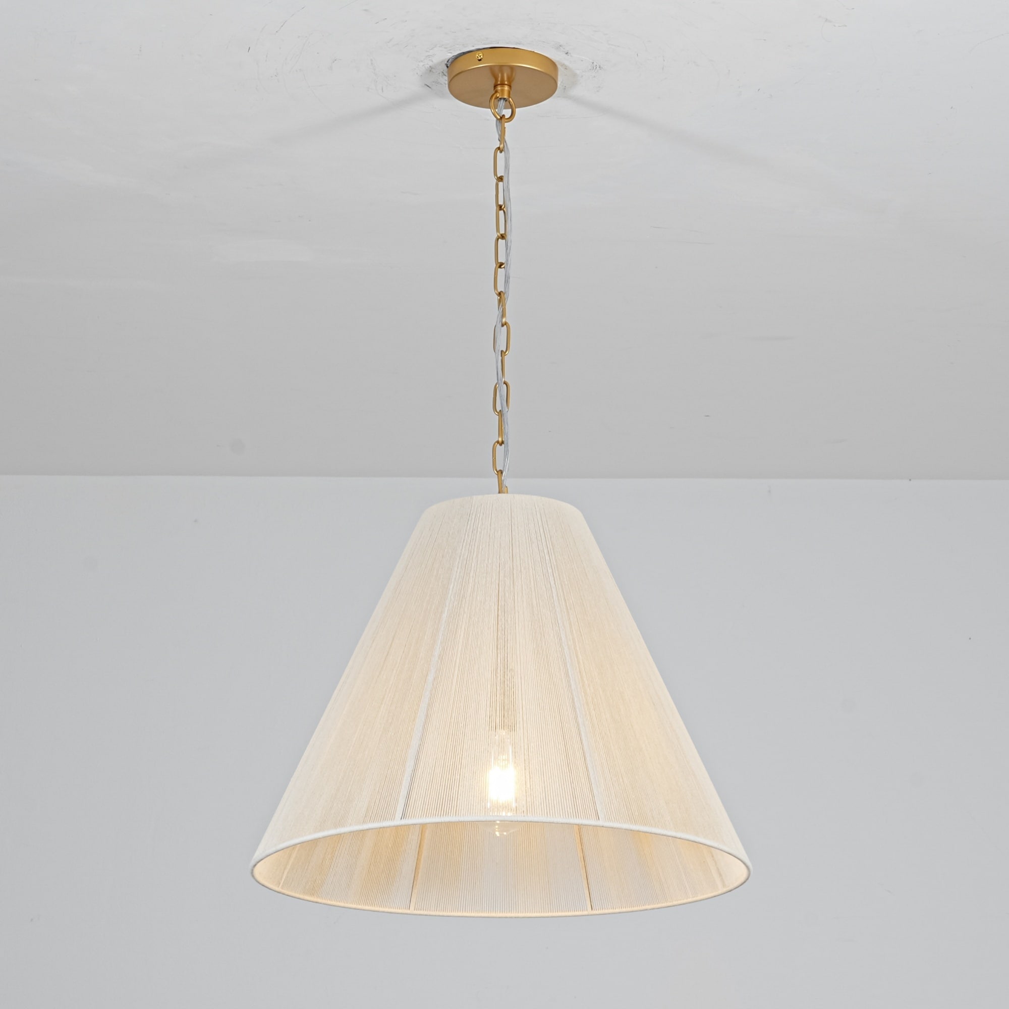 1-Light Brushed Gold Transitional Fabric Shade Cone Pendant Light with Adjustable Chain for Living & Dining Rooms