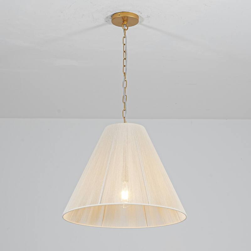 1-Light Brushed Gold Transitional Fabric Shade Cone Pendant Light with Adjustable Chain for Living & Dining Rooms - 20.1 in. W x 15.7 in. H - Gold