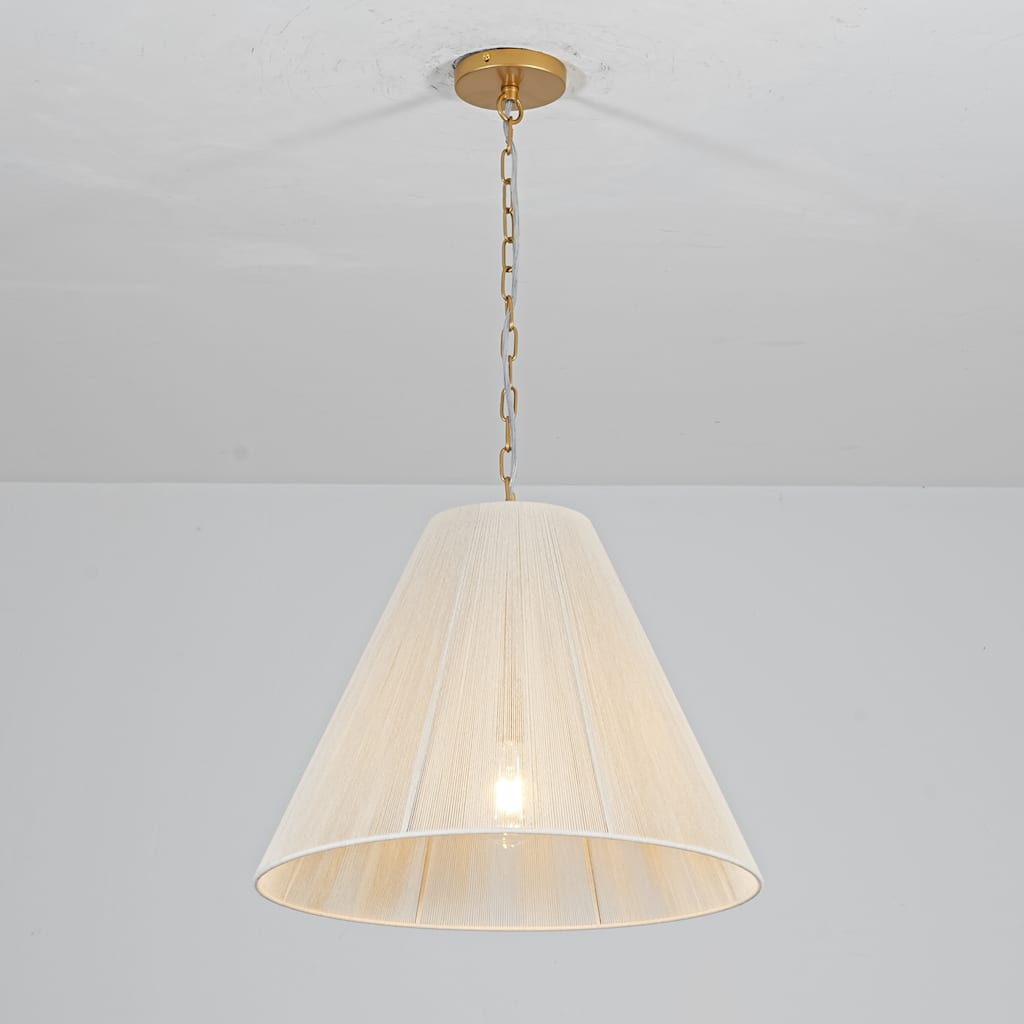 1-Light Brushed Gold Transitional Fabric Shade Cone Pendant Light with Adjustable Chain for Living & Dining Rooms
