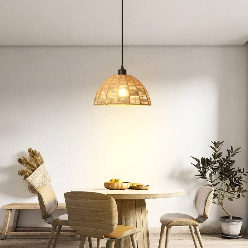 1-Light Dome Hanging Pendant Light Chandelier with Paper Rattan Shaded for Kitchen Island