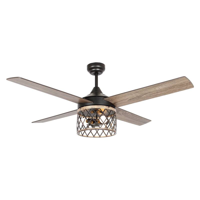 52-in Farmhouse 4-Blade 3-Light Black Wood Grain Ceiling Fan with Remote and Light Kit - 52-in W x 19.3-in H