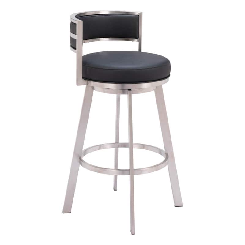 Modern 31-Inch Black & Silver Swivel Bar Stool – Faux Leather Low Back Bucket Seat with Footrest - 20.1" x 20.1" x 38.2"