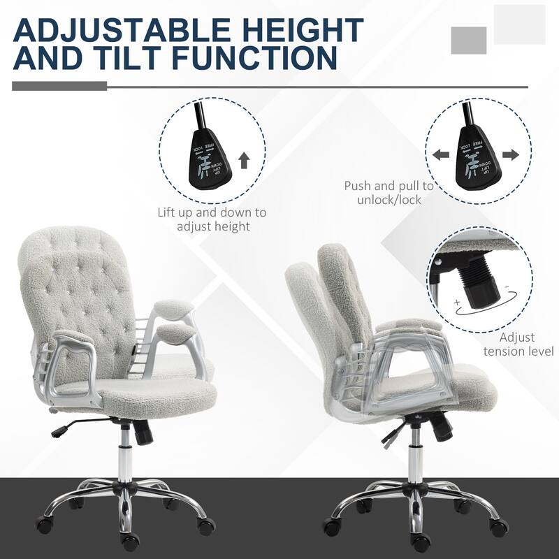 Simple Button Tufted Fabric Desk Chair Vanity Chair with Padded Armrests, Swivel Chair Office Chair with Wheels