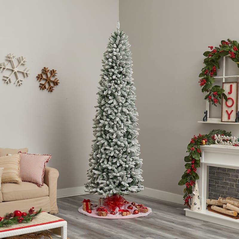 9ft Artificial Christmas Tree with Lights - Slim Winter Fir, Prelit Warm White LED Tree, Flocked Holiday Decor - Green - 108