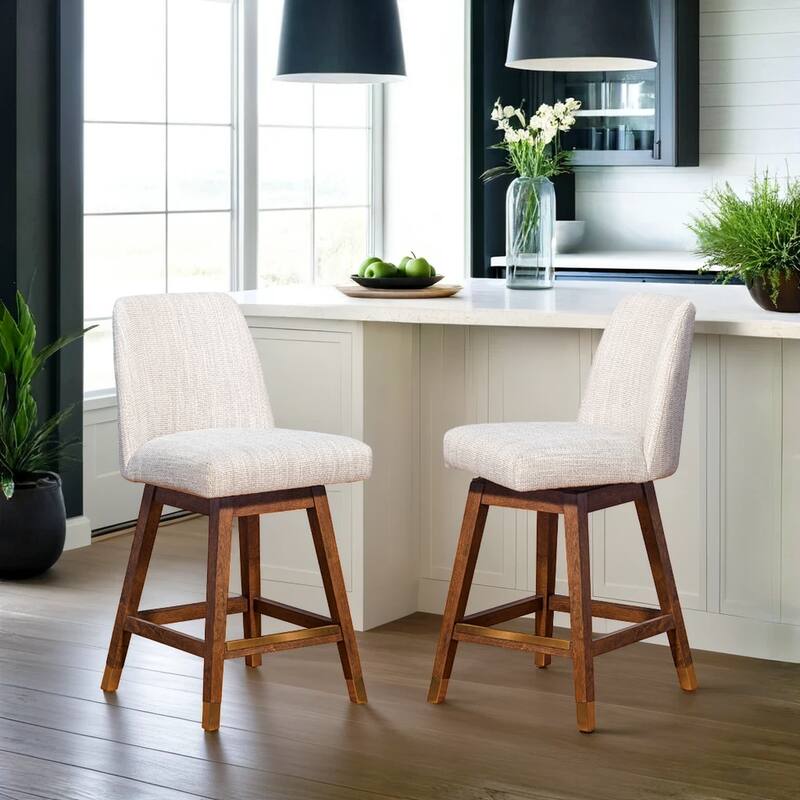 Amalie Upholstered Bar Stool, Swivel Counter Chair with Solid Wood Frame - Set of 2 - Brown & Beige Fabric - Counter Height