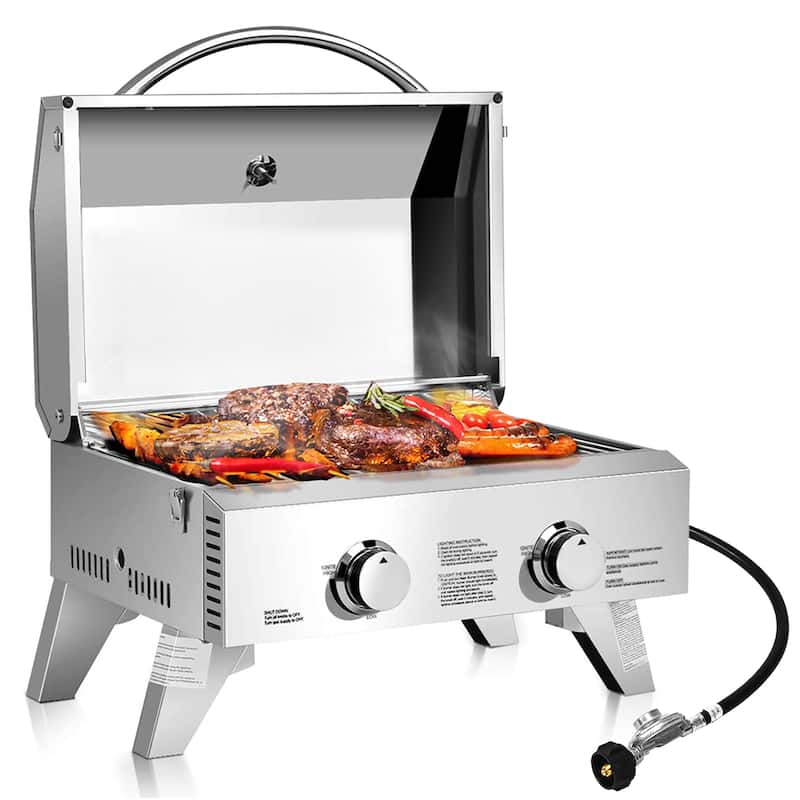 Portable Gas Grill with 2 Burner Folding Legs Built in Thermometer - Silver
