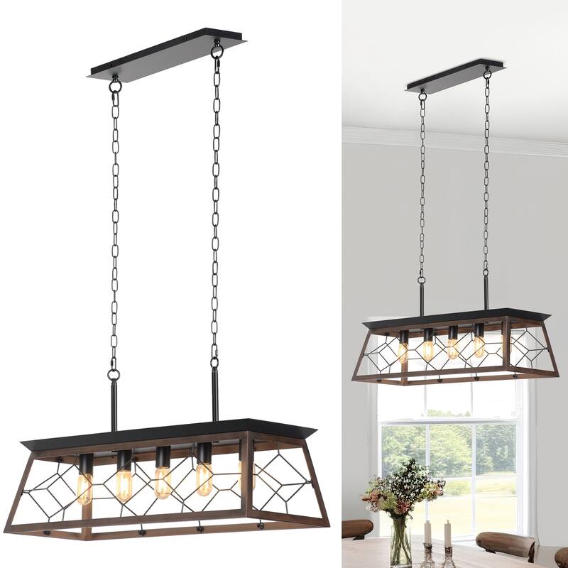 Moasis 5-Light Rectangle Farmhouse Rustic Chandelier For Kitchen Island