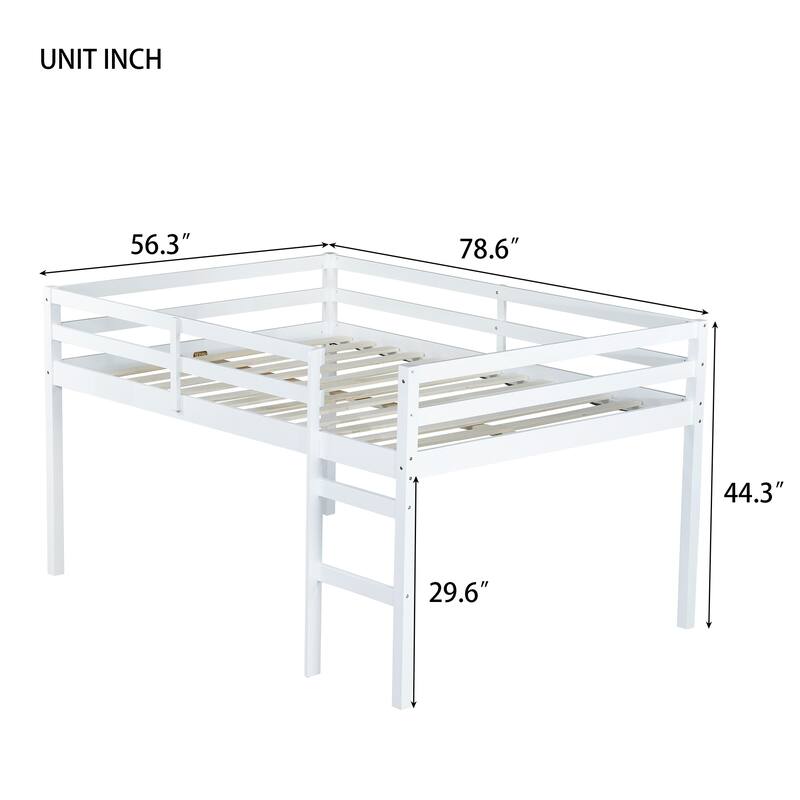 Solid Rubberwood Loft Bed Frame with Ladder, Guardrails and Underbed Storage Space - Low Height Design for Kids and Teens