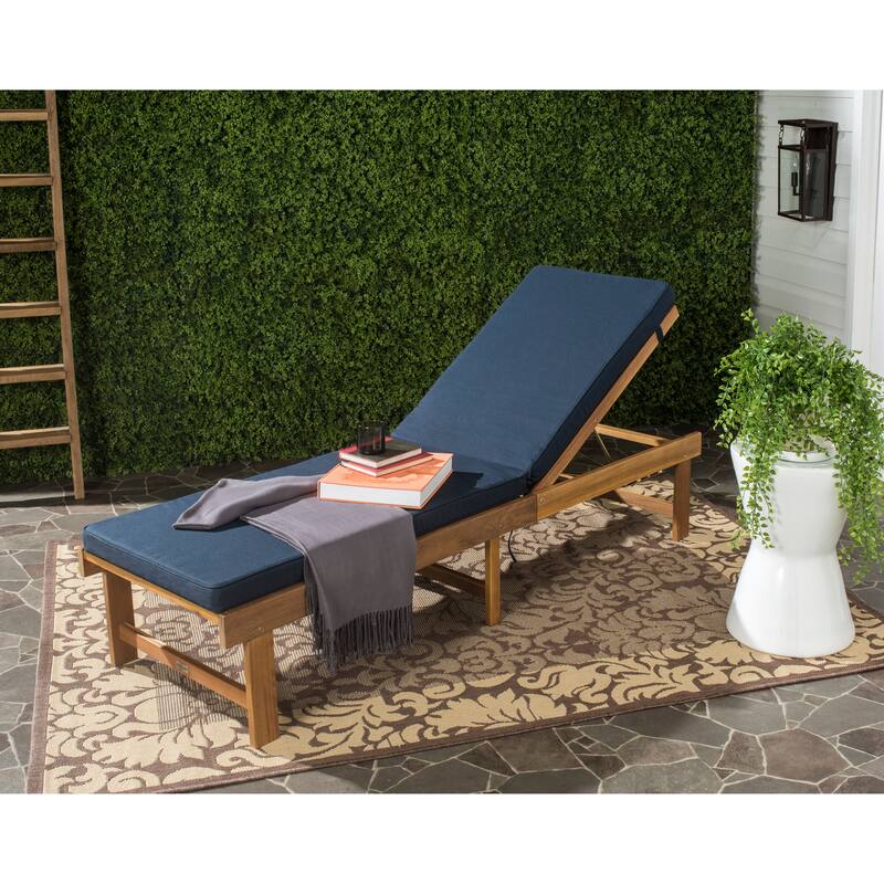 SAFAVIEH Outdoor Esmihan Chaise Lounge Chair with Cushion - 24Wx75Dx15H - Brown/Navy