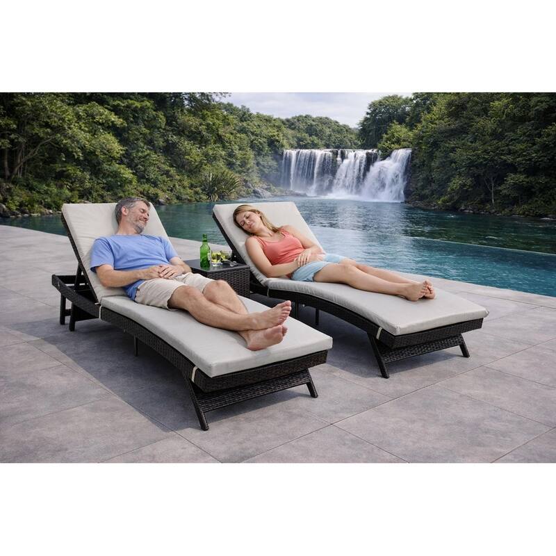 Eternity Brown 3-Piece Wicker Outdoor Chaise Lounge Set with Beige Cushions - N/A
