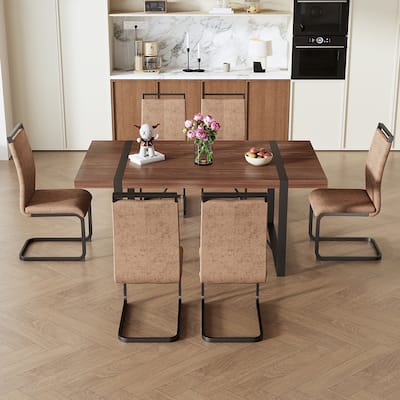 Roomfitters 7/9pcs Walnut Dining Table Set with Technology Fabric Chairs and Arched Black Metal Legs, Walnut