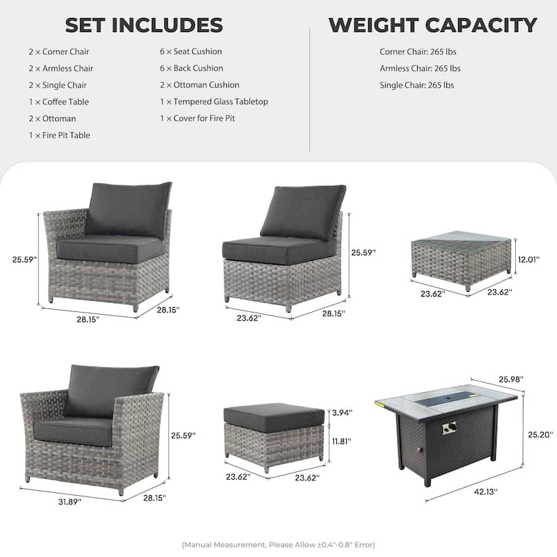 HOOOWOOO 10-piece Wicker Patio Furniture Sectional Set with Steel Fire Pit Table