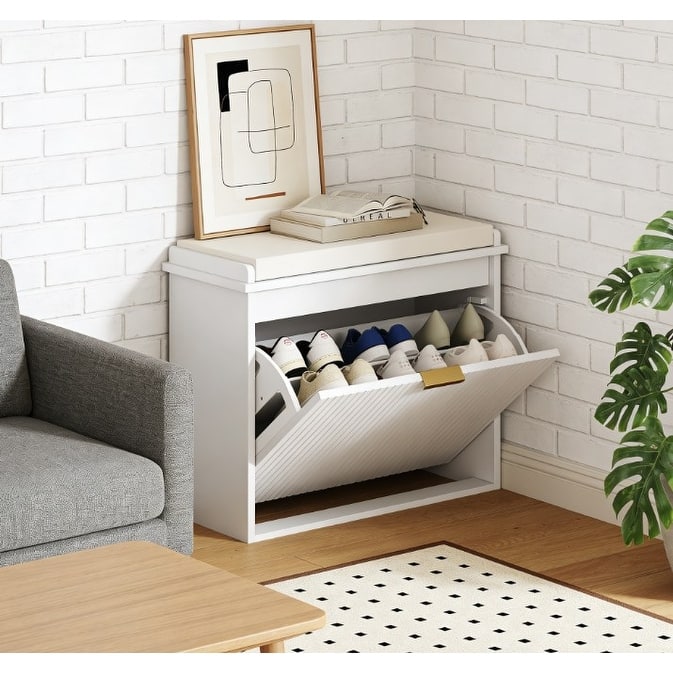 Shoe Storage Bench with Cushioned Seat and Flip Drawer Entryway Organizer