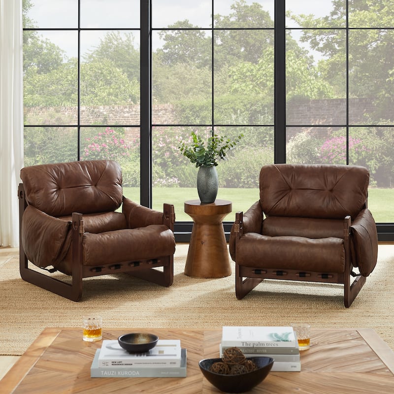 Art Leon Genuine Leather Accent Chair with Ash Wood Legs