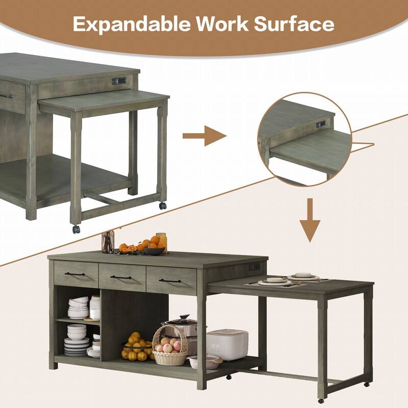 60"-98.7" Extendable Kitchen Island on Wheels with Drawers and Open Shelves and Built-In Power Outlets