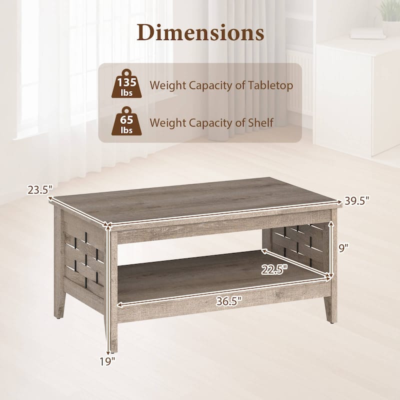 Costway 39.5” 2-Tier Coffee Table with Open Shelf Woven Decorations - See Details