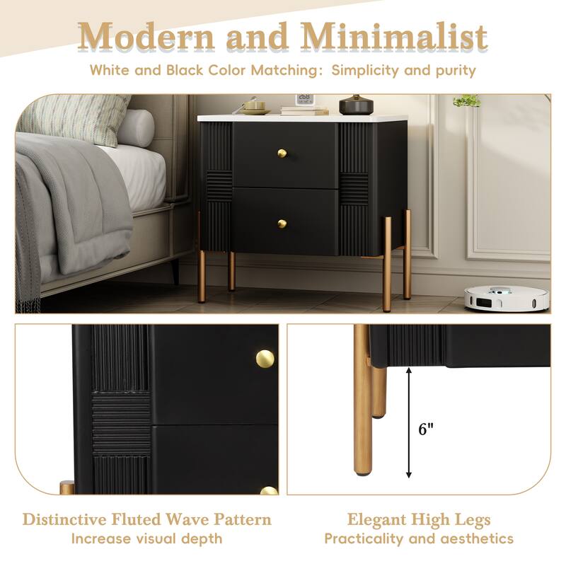 Modern 2-Drawer Fluted Nightstand - Golden Metal Handles/Legs, Easy Assembly (Black) - Black