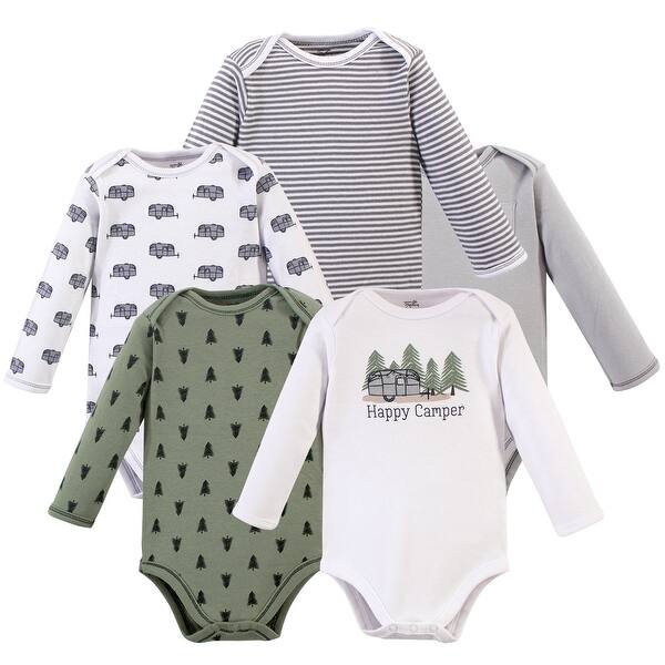 slide 1 of 1, Touched by Nature Baby Boy Organic Cotton Long-Sleeve Bodysuits 5pk, Happy Camper 0-3 Months - Happy Camper